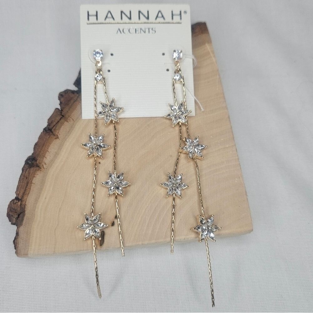 Hannah Accents Gold Tone Long Dangle Rhinestone Stars 4" NWT Celestial Earrings